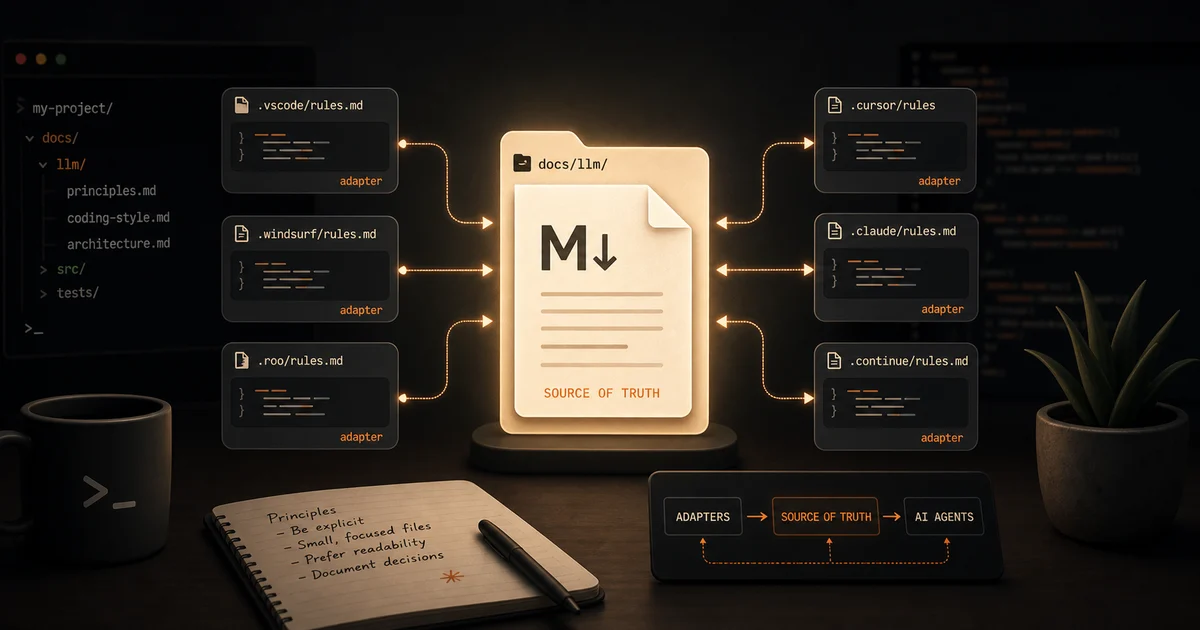 Markdown source of truth for AI coding rules connected to editor-specific adapter files