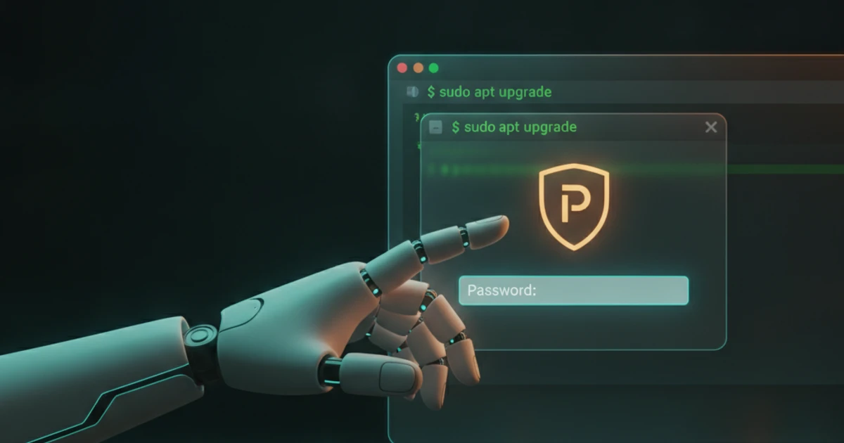 AI assistant robot hand reaching toward a polkit password dialog over a Linux terminal — an AI coding agent requesting root via pkexec