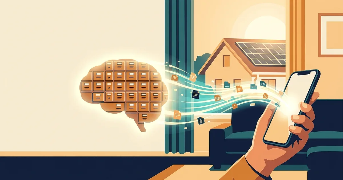 A hand holding a phone streaming memory cards into a glowing brain made of archive drawers, inside a solar-powered home