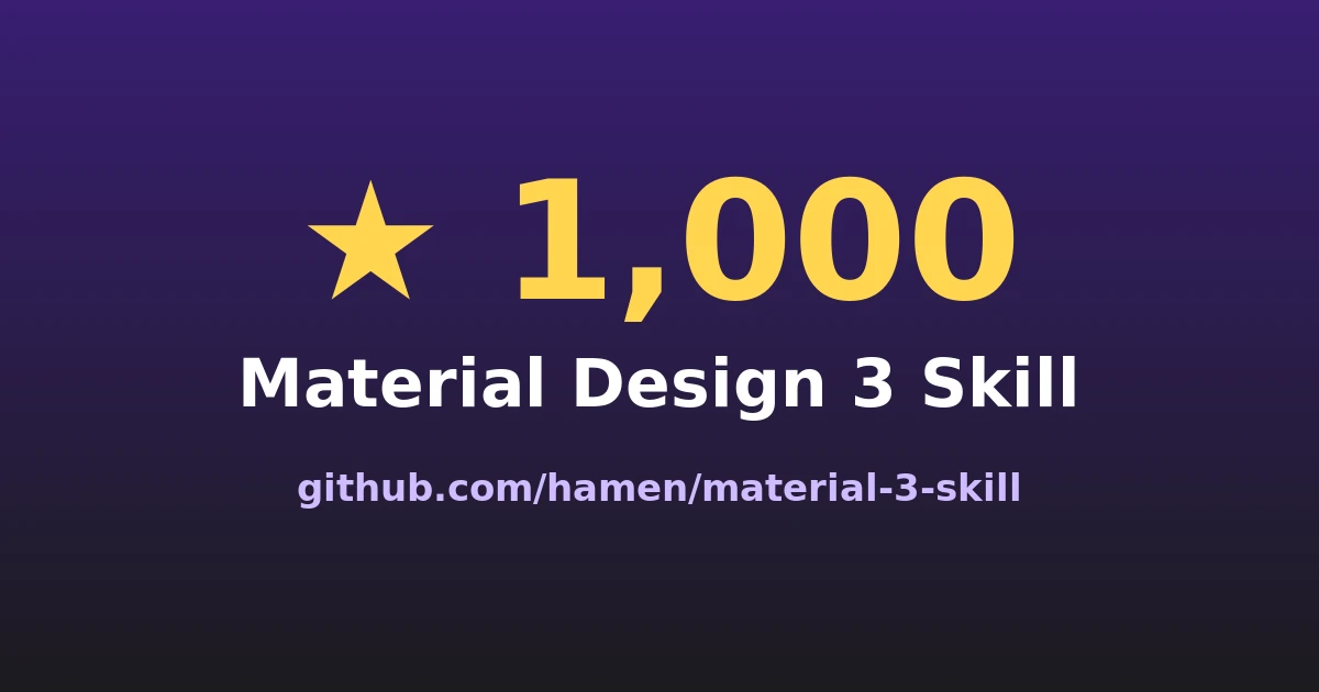 Celebratory card in Material Design 3 purple gradient reading star 1,000 — Material Design 3 Skill — github.com/hamen/material-3-skill