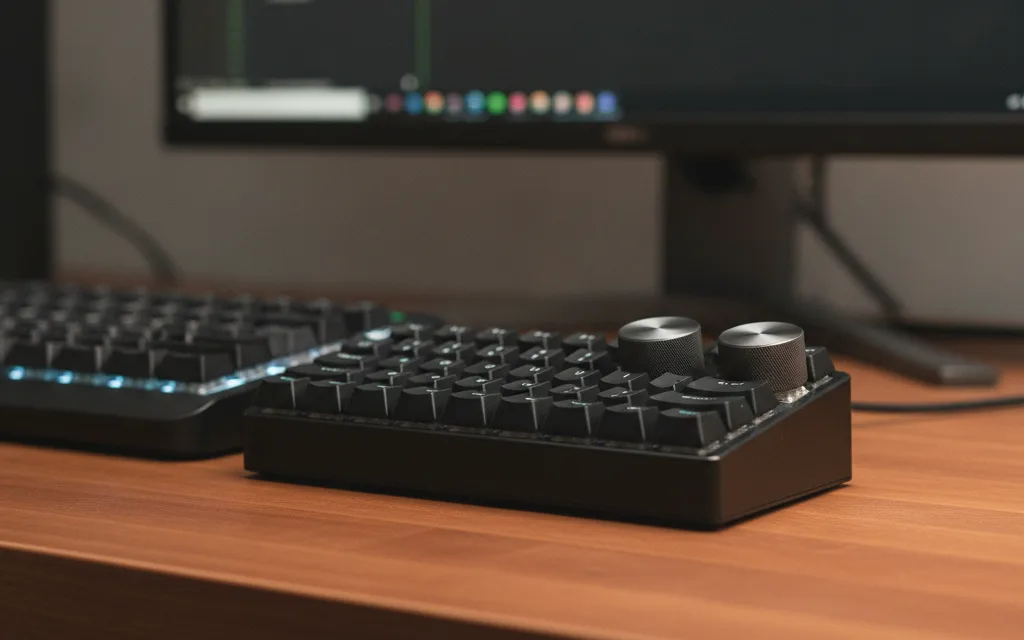 A compact black macropad with two aluminium volume knobs on a wooden desk, a Linux terminal glowing on the monitor behind it