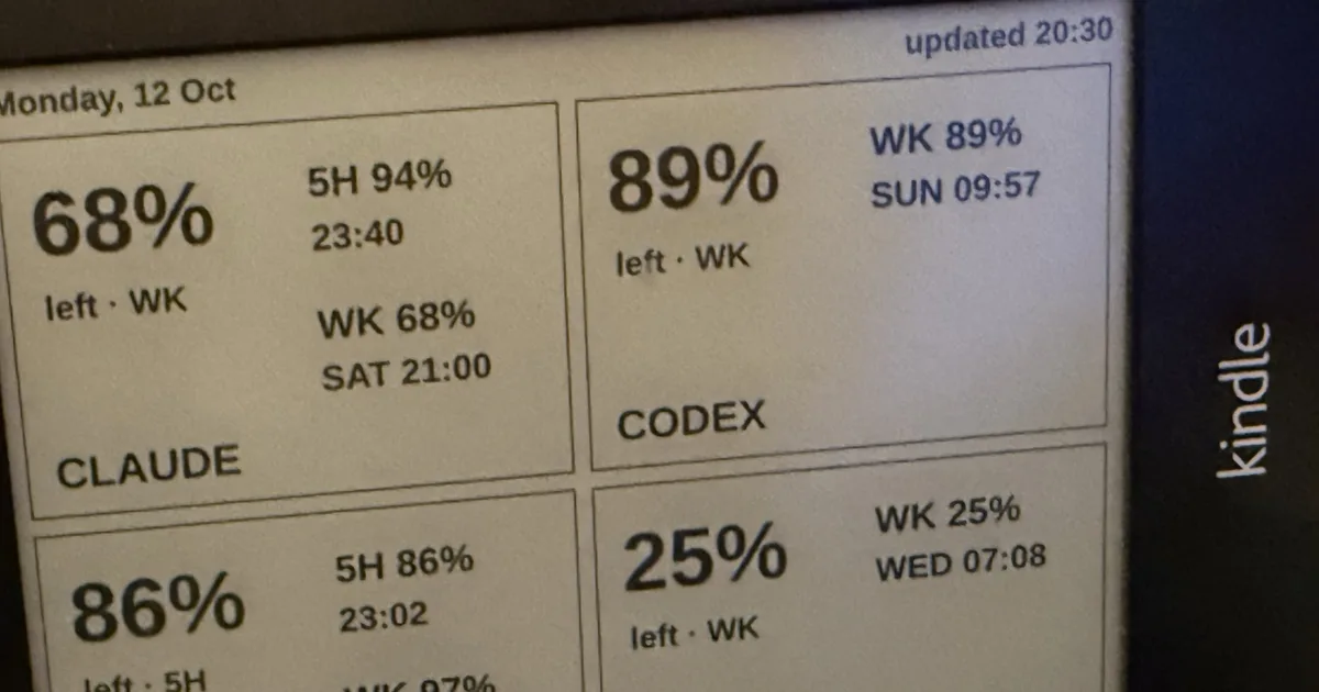A Kindle Paperwhite shows four white tiles with the quota left for Claude, Codex, Z.AI and Grok, and the line updated 20:30.